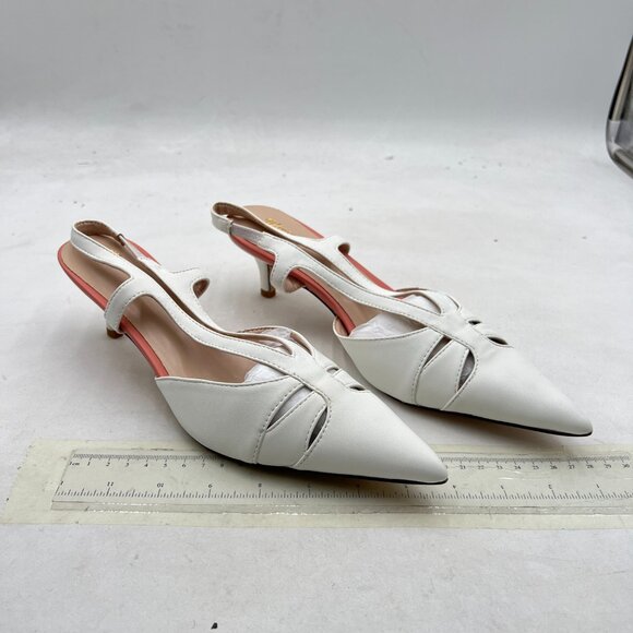 Wansseny White Pointed Toe Slingback Sandals Kitten Heel Slip On Ladies Shoes - Picture 4 of 8
